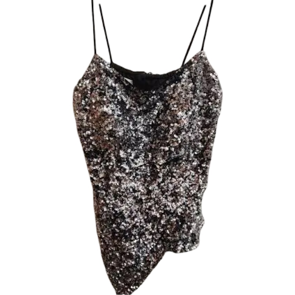 Sean Collection Silk Sequin Asymmetrical Camisole - Black and Silver XL